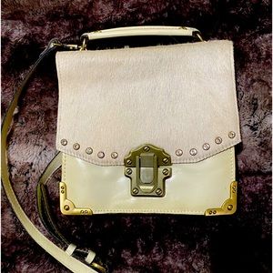 Patricia Nash Stella Flap Ivory Fur Leather Buckle Saddle Crossbody Bag